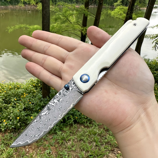 Elegant Folding Pocket Knife survival tools - Premium Damascus Steel with Ivory - like Handle