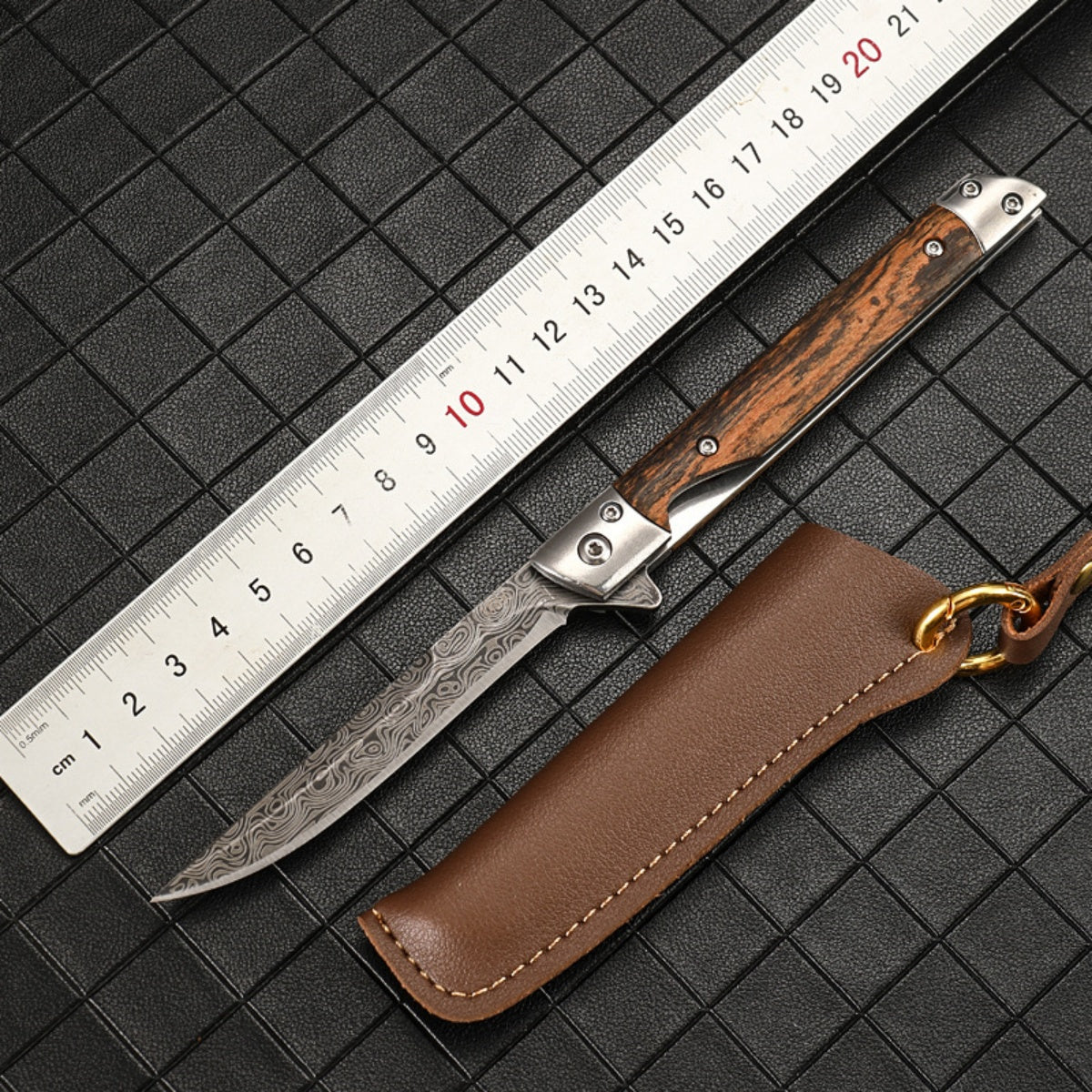 High - Quality Survival Folding Pocket Knife with Wooden Handle and Leather Sheath