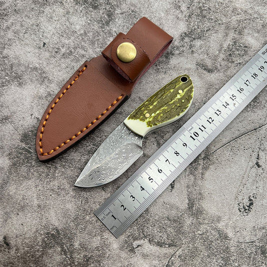 Handmade Damascus Steel Pocket Knife Resin Handle & Brown Leather Sheath Camping, Hunting, EDC