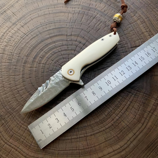 Damascus Steel Folding Knife Ivory Handle & Decorative Lanyard EDC Outdoor Camping Hunting Survival Tool