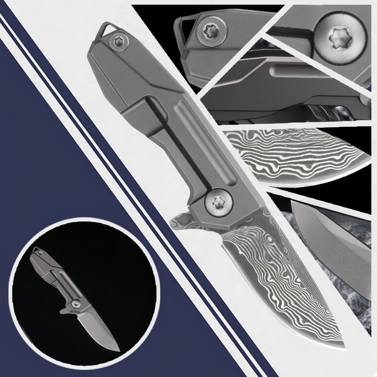 Compact Folding Pocket Knife survival tools- Durable Stainless Steel with Stunning Damascus - Style Blade