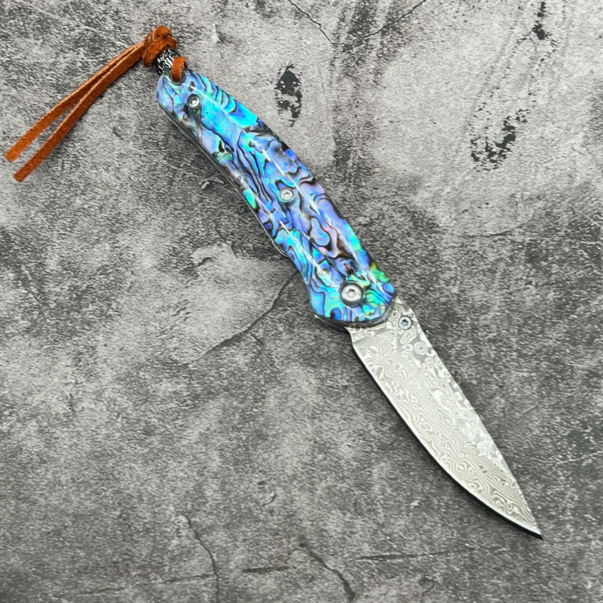 Exquisite Folding Pocket Knife with Abalone - Patterned Handle and Damascus - Style Blade