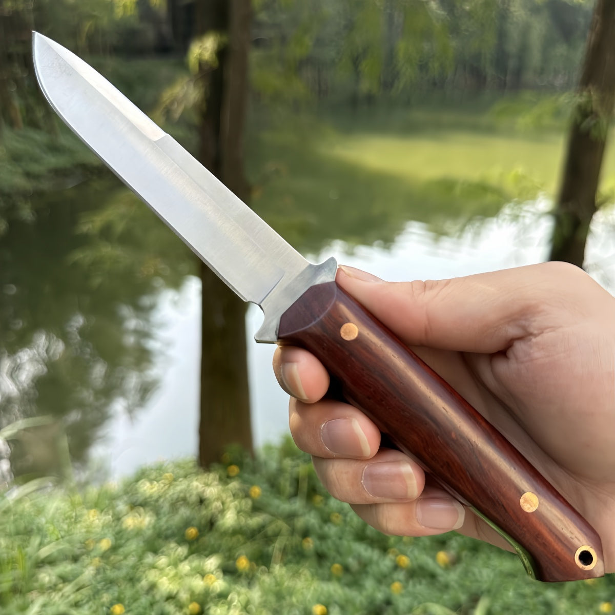 Hand - crafted Fixed - survival tools Blade Hunting Knife with Wooden Handle and Leather Sheath