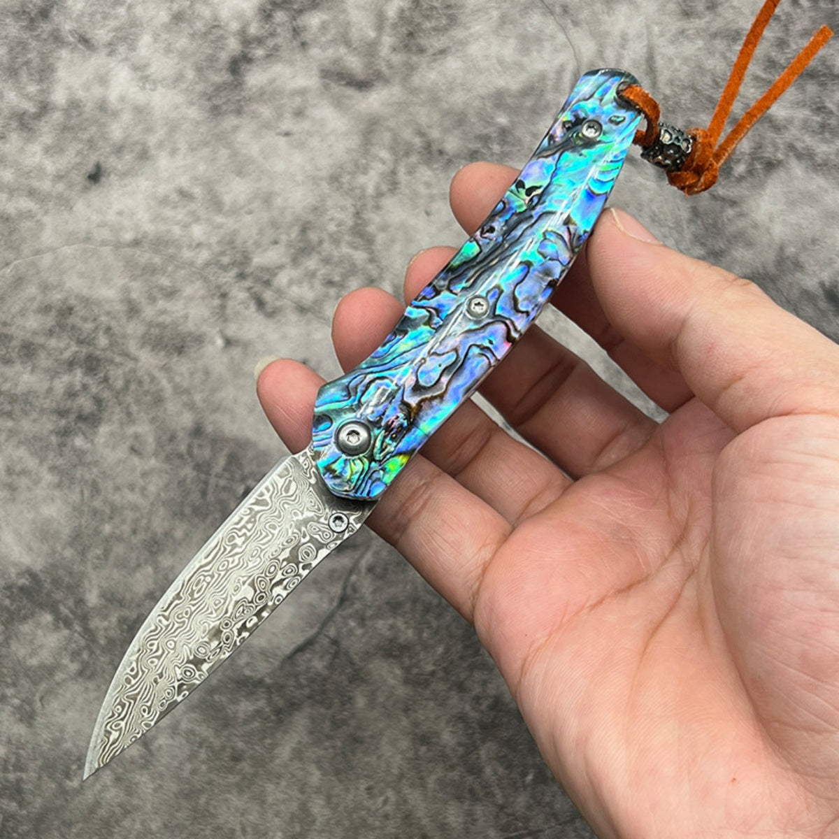 Exquisite Folding Pocket Knife with Abalone - Patterned Handle and Damascus - Style Blade