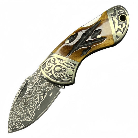 Unique Folding Pocket Knife survival tools- Hand-Forged Damascus Steel with Distinctive Handle