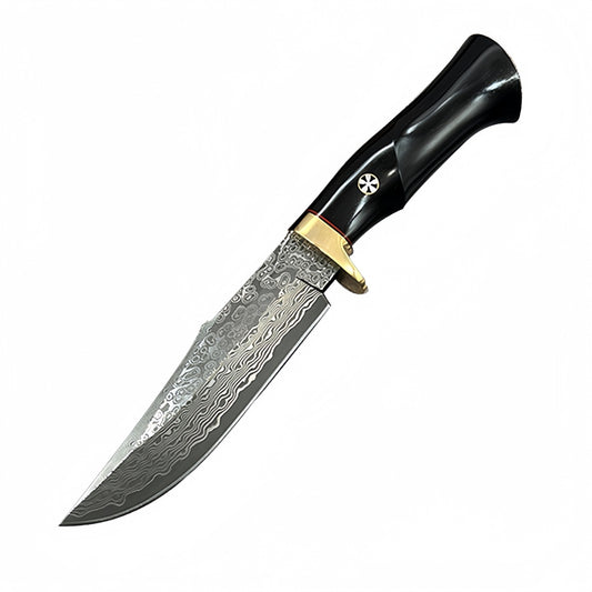 Hand - crafted Fixed Survival Hunting Knife with Damascus - Style Blade and Leather Sheath