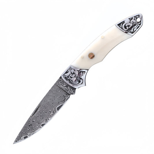 Handmade Damascus Steel Folding Knife Intricate Metal Engravings & Leather Lanyard – EDC Tool for Camping, Hunting & Daily Use