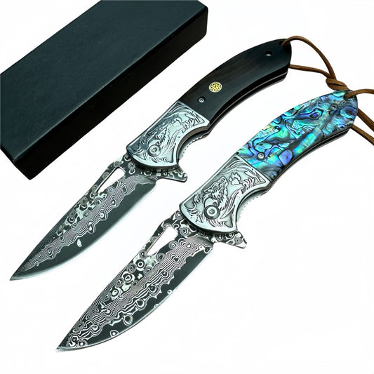 Exquisite Folding Pocket Knife survival tools- Hand - Engraved Damascus Steel with Abalone & Ebony Handles