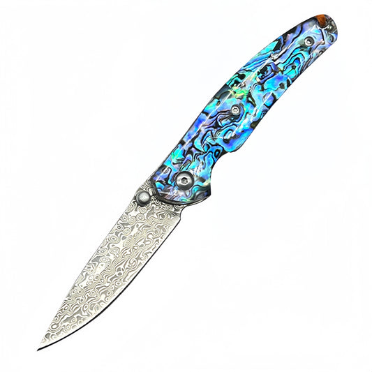 Exquisite Folding Pocket Knife with Abalone - Patterned Handle and Damascus - Style Blade