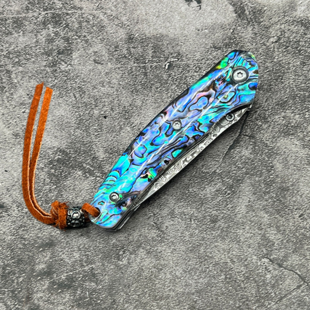 Exquisite Folding Pocket Knife with Abalone - Patterned Handle and Damascus - Style Blade