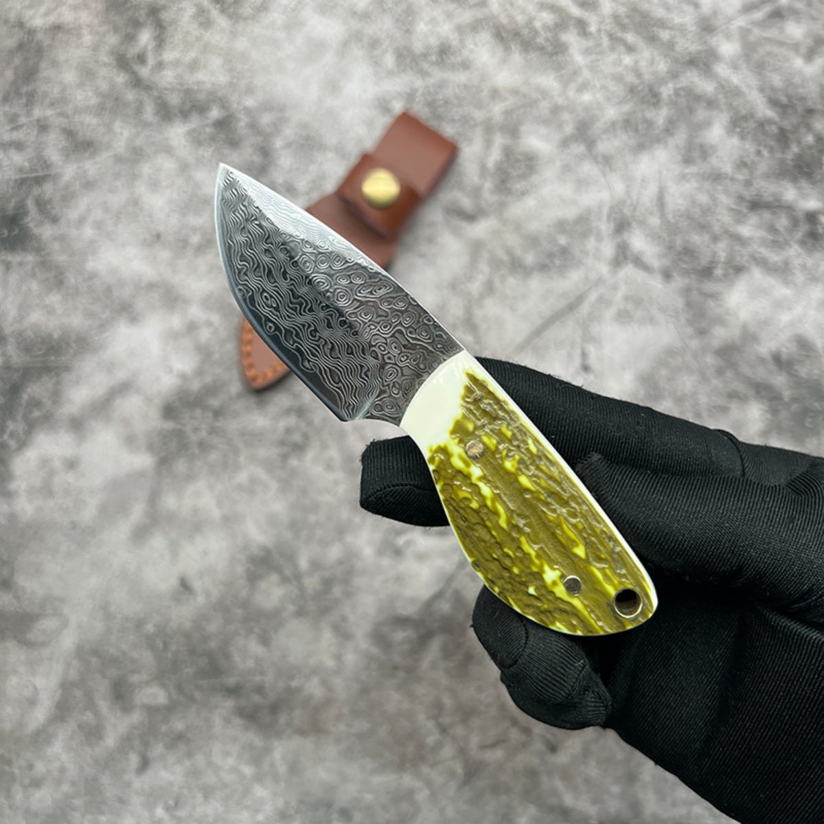 Handmade Damascus Steel Pocket Knife Resin Handle & Brown Leather Sheath Camping, Hunting, EDC