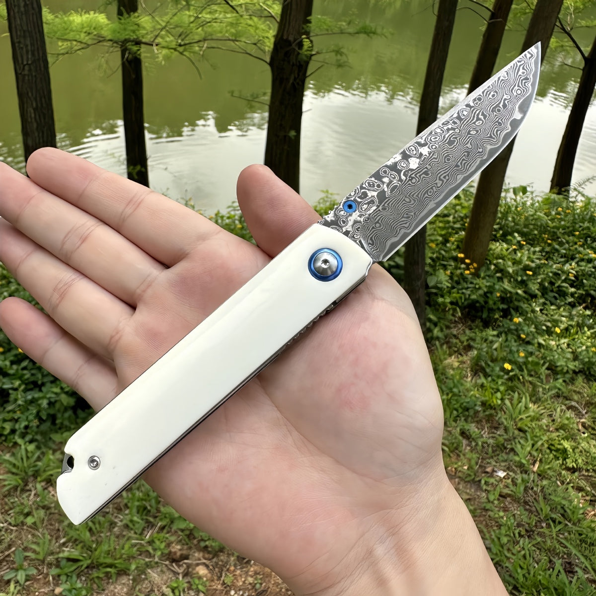 Elegant Folding Pocket Knife survival tools - Premium Damascus Steel with Ivory - like Handle