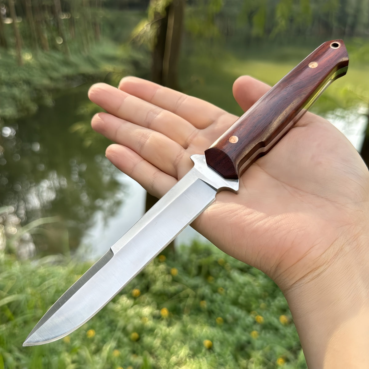 Hand - crafted Fixed - survival tools Blade Hunting Knife with Wooden Handle and Leather Sheath