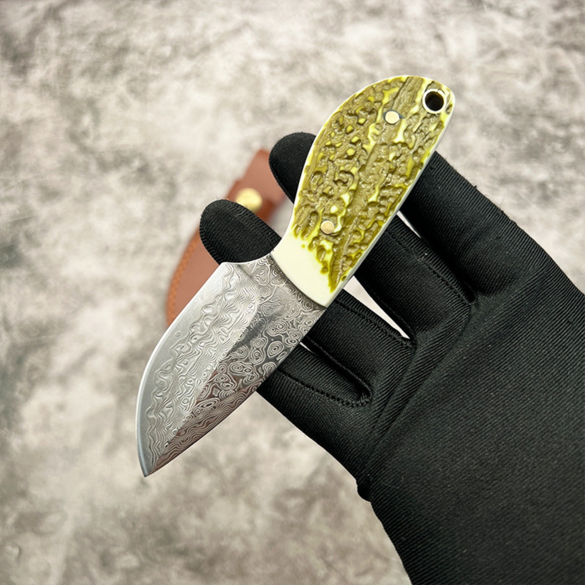 Handmade Damascus Steel Pocket Knife Resin Handle & Brown Leather Sheath Camping, Hunting, EDC