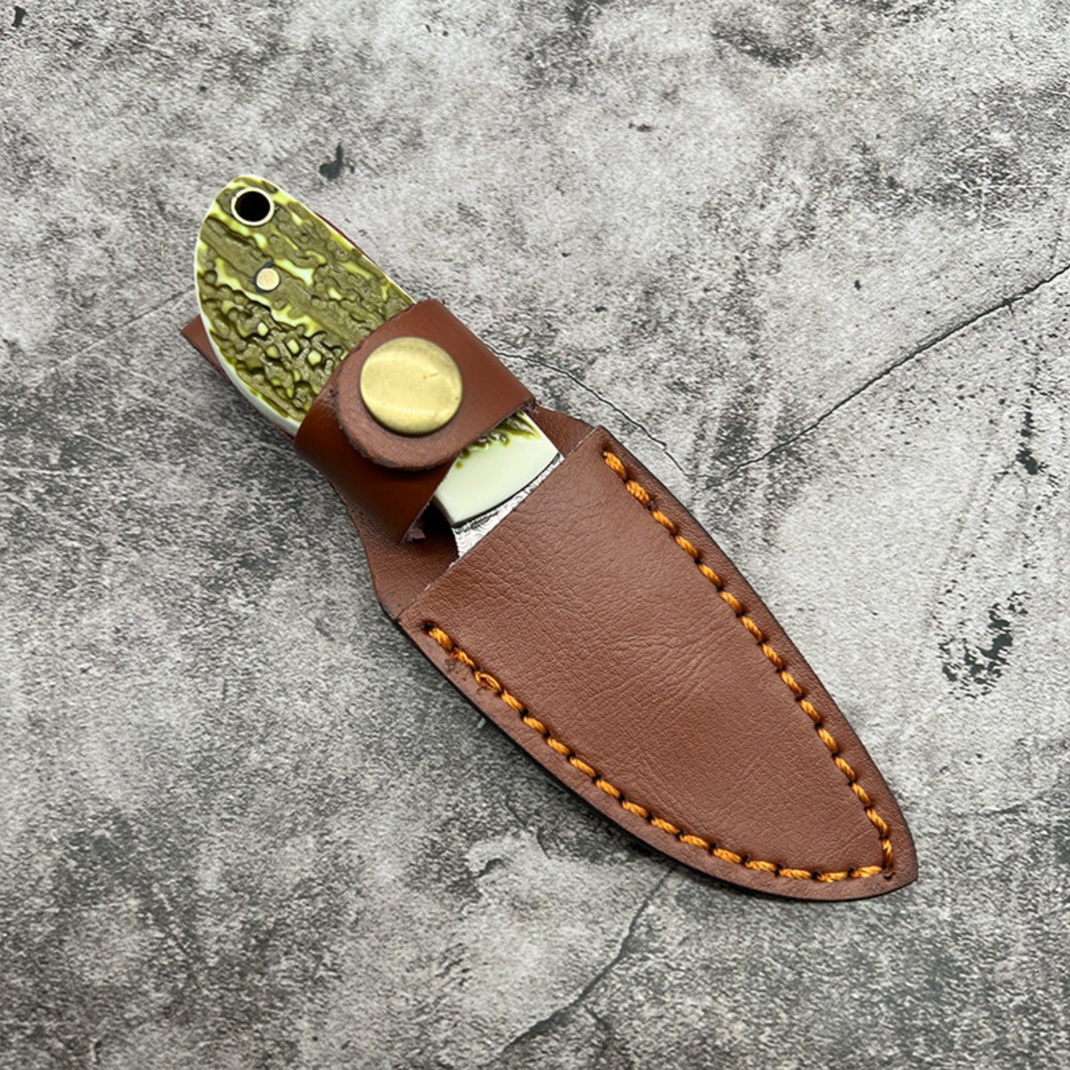 Handmade Damascus Steel Pocket Knife Resin Handle & Brown Leather Sheath Camping, Hunting, EDC