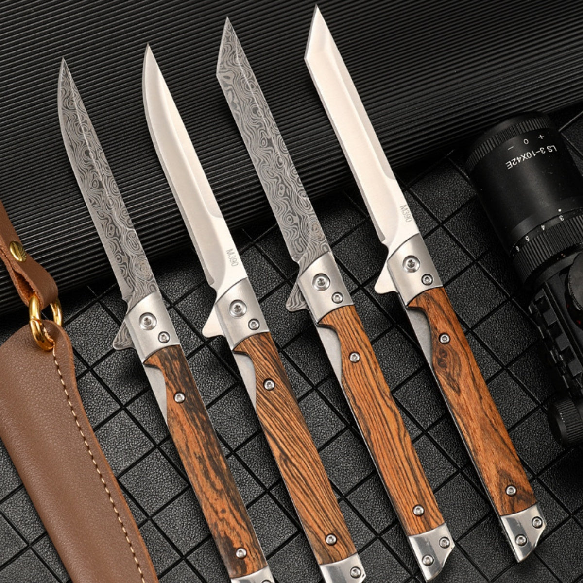 High - Quality Survival Folding Pocket Knife with Wooden Handle and Leather Sheath