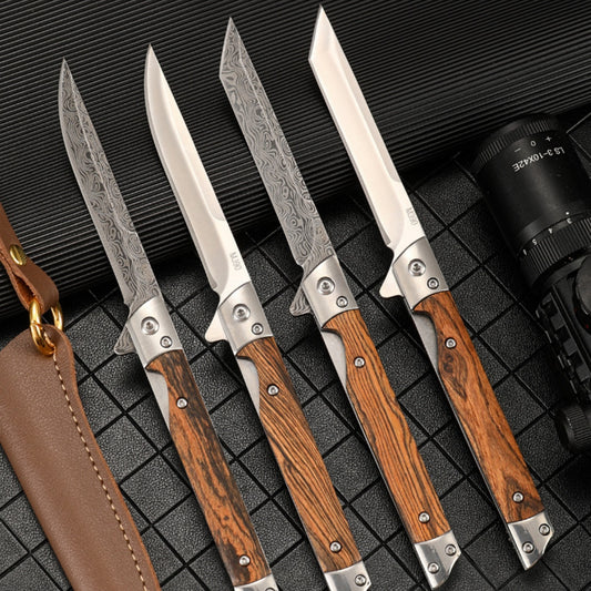 High - Quality Survival Folding Pocket Knife with Wooden Handle and Leather Sheath
