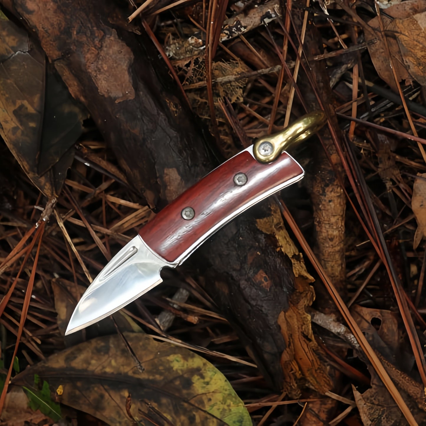 Portable Folding Pocket Knife with Wood Handle Brass Elements –Durable Steel Survival knife, Camping EDC Tool for Cutting