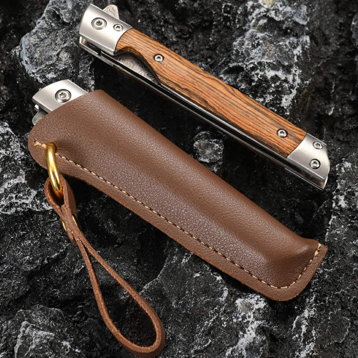 High - Quality Survival Folding Pocket Knife with Wooden Handle and Leather Sheath