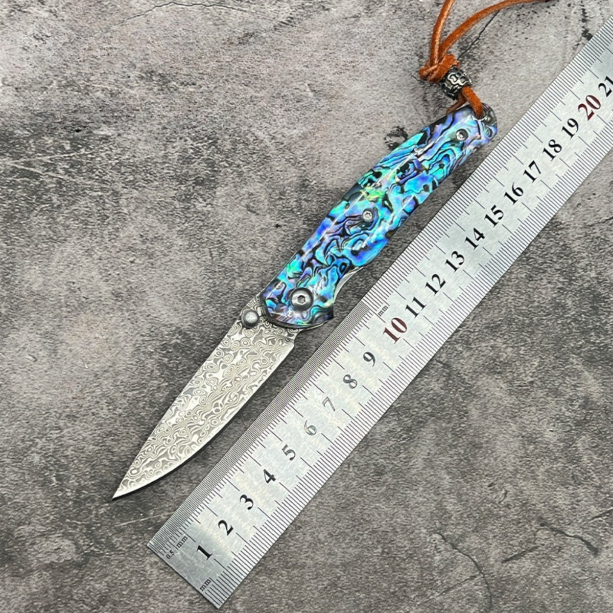 Exquisite Folding Pocket Knife with Abalone - Patterned Handle and Damascus - Style Blade