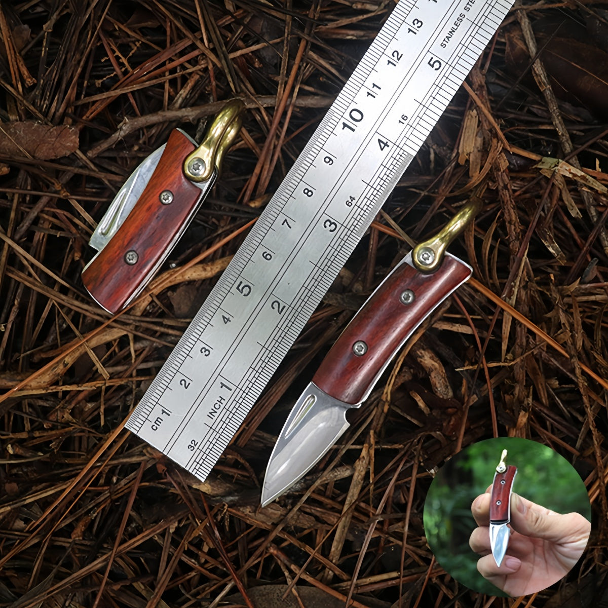Portable Folding Pocket Knife with Wood Handle Brass Elements –Durable Steel Survival knife, Camping EDC Tool for Cutting