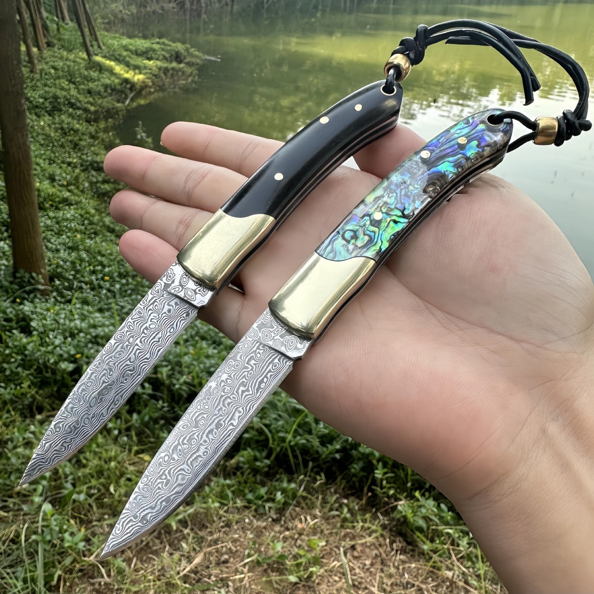 Stunning Folding Pocket Knives survival tools- Premium Damascus Steel with Abalone & Ebony Handles