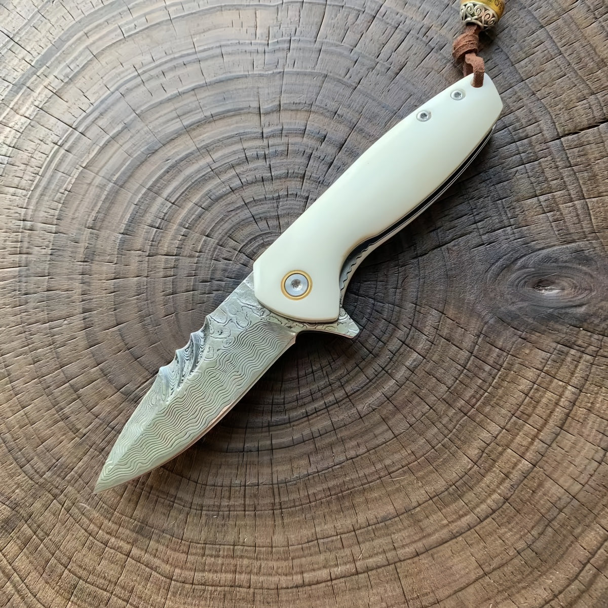 Damascus Steel Folding Knife Ivory Handle & Decorative Lanyard EDC Outdoor Camping Hunting Survival Tool