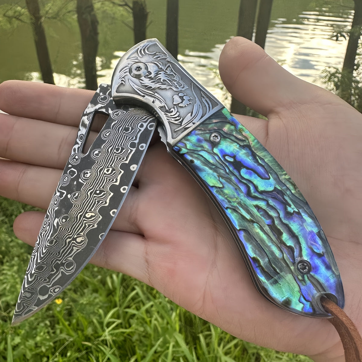 Exquisite Folding Pocket Knife survival tools- Hand - Engraved Damascus Steel with Abalone & Ebony Handles