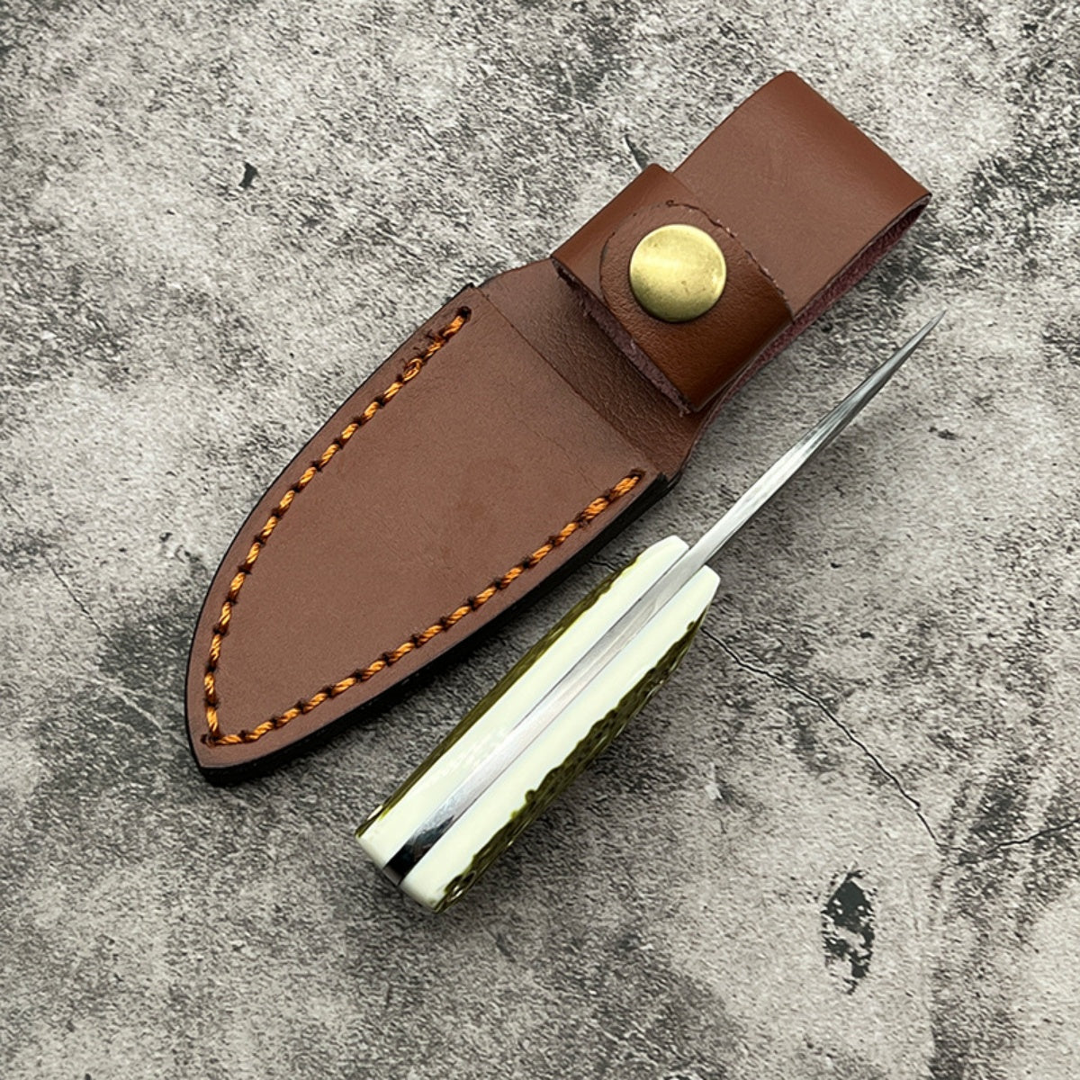 Handmade Damascus Steel Pocket Knife Resin Handle & Brown Leather Sheath Camping, Hunting, EDC