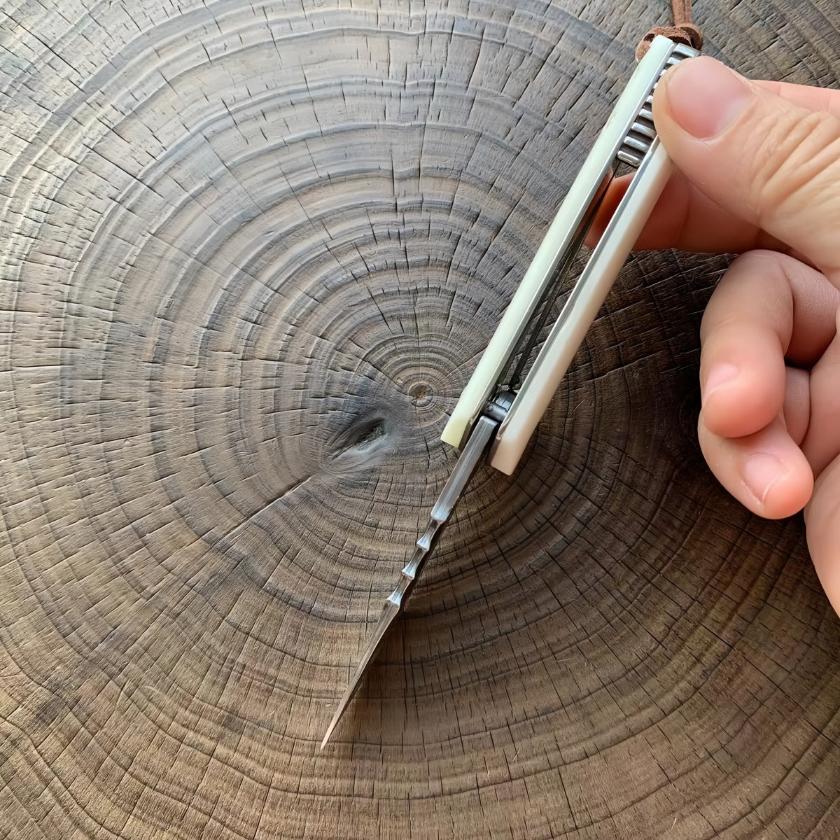 Damascus Steel Folding Knife Ivory Handle & Decorative Lanyard EDC Outdoor Camping Hunting Survival Tool