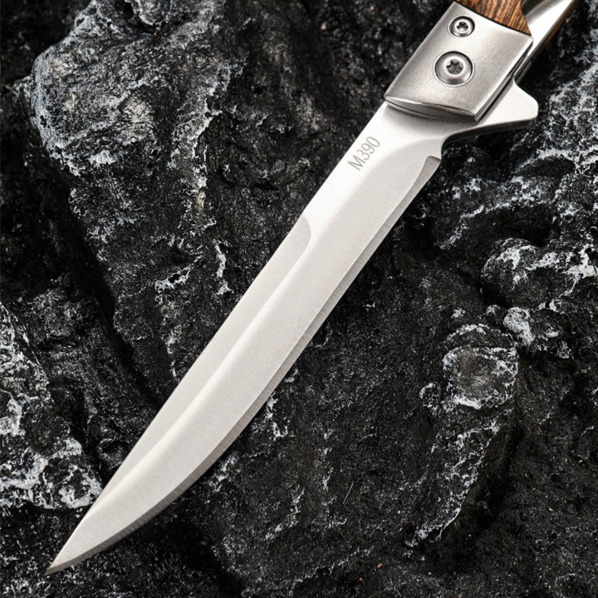High - Quality Survival Folding Pocket Knife with Wooden Handle and Leather Sheath