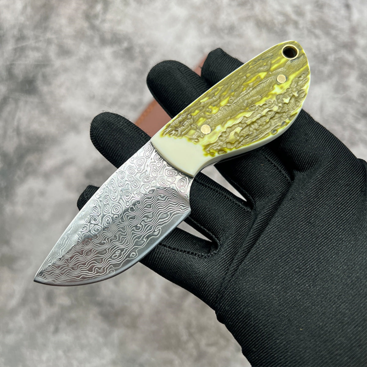Handmade Damascus Steel Pocket Knife Resin Handle & Brown Leather Sheath Camping, Hunting, EDC