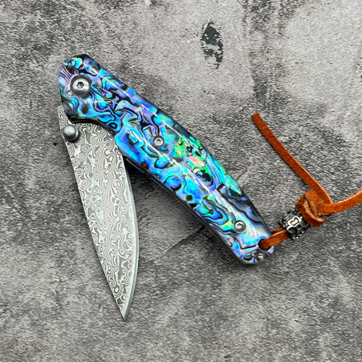 Exquisite Folding Pocket Knife with Abalone - Patterned Handle and Damascus - Style Blade