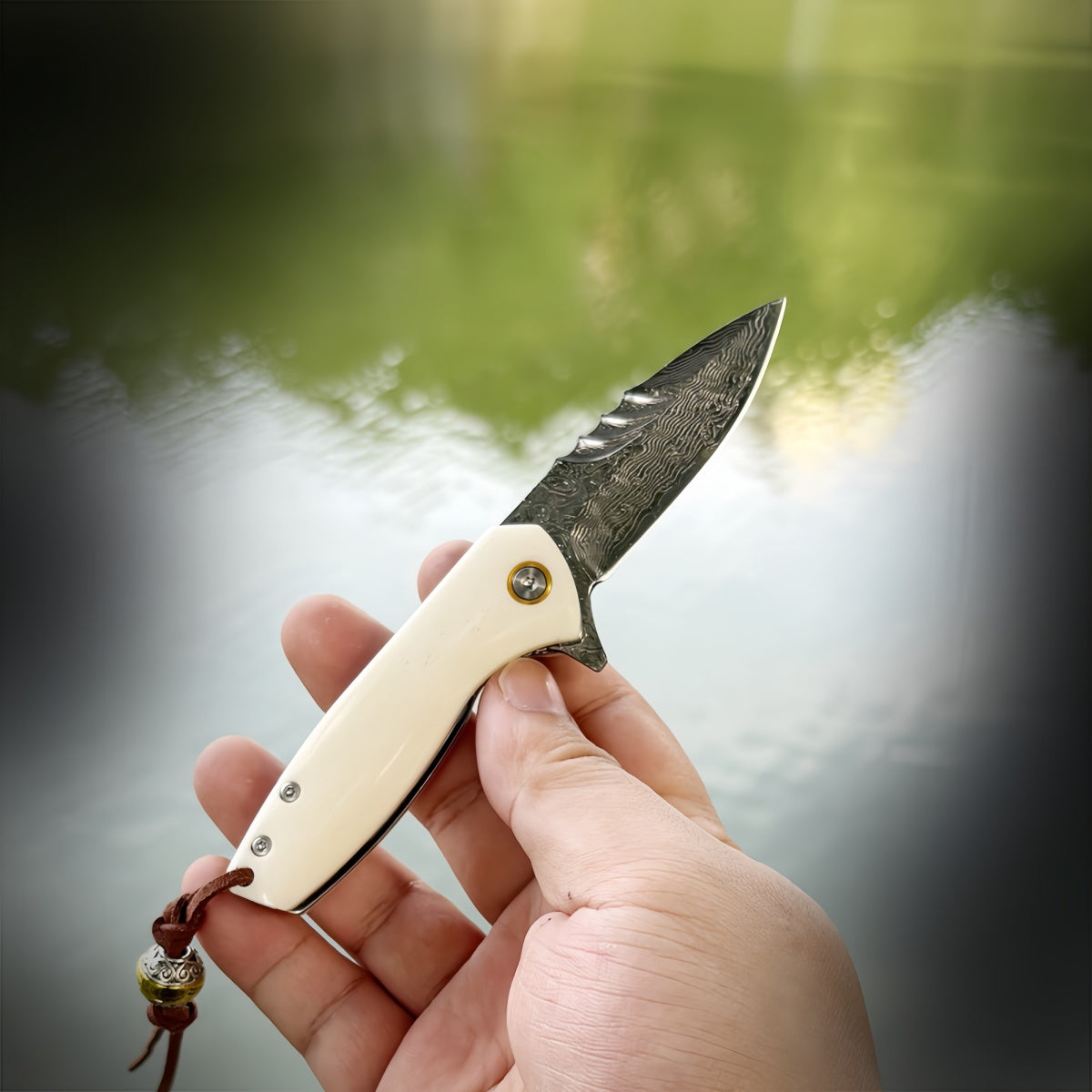 Damascus Steel Folding Knife Ivory Handle & Decorative Lanyard EDC Outdoor Camping Hunting Survival Tool