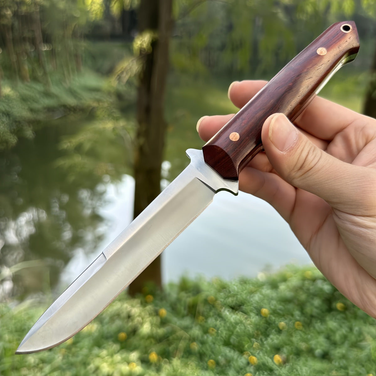 Hand - crafted Fixed - survival tools Blade Hunting Knife with Wooden Handle and Leather Sheath