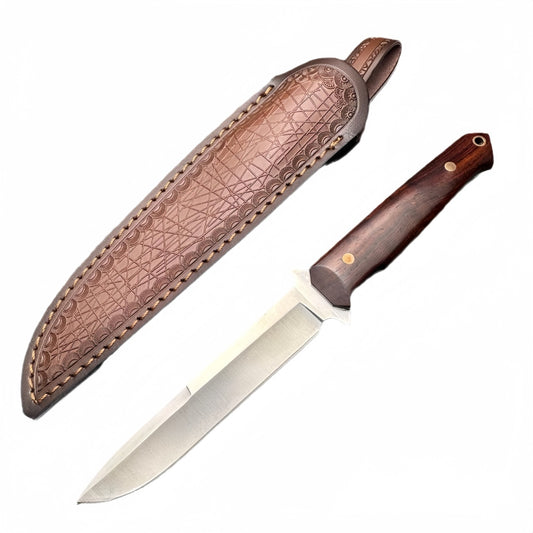 Hand - crafted Fixed - survival tools Blade Hunting Knife with Wooden Handle and Leather Sheath