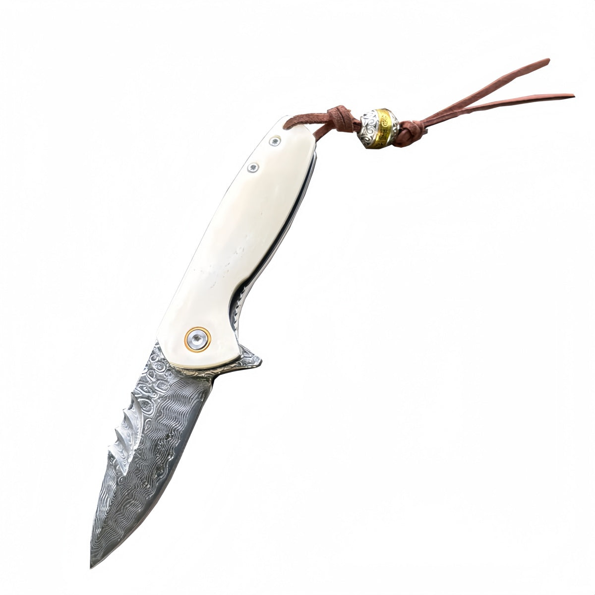 Damascus Steel Folding Knife Ivory Handle & Decorative Lanyard EDC Outdoor Camping Hunting Survival Tool