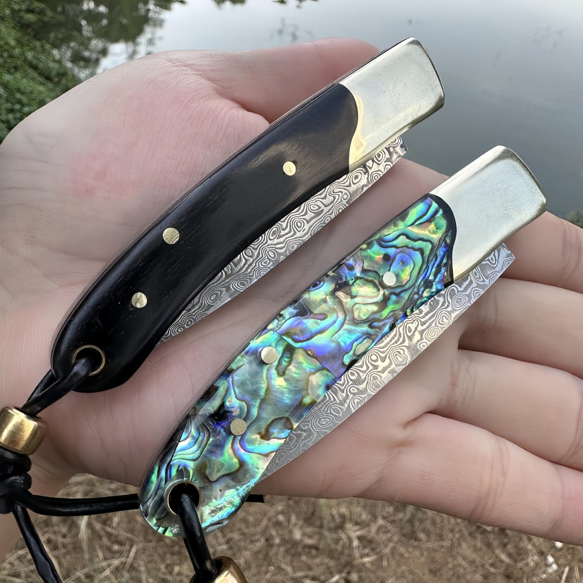 Stunning Folding Pocket Knives survival tools- Premium Damascus Steel with Abalone & Ebony Handles