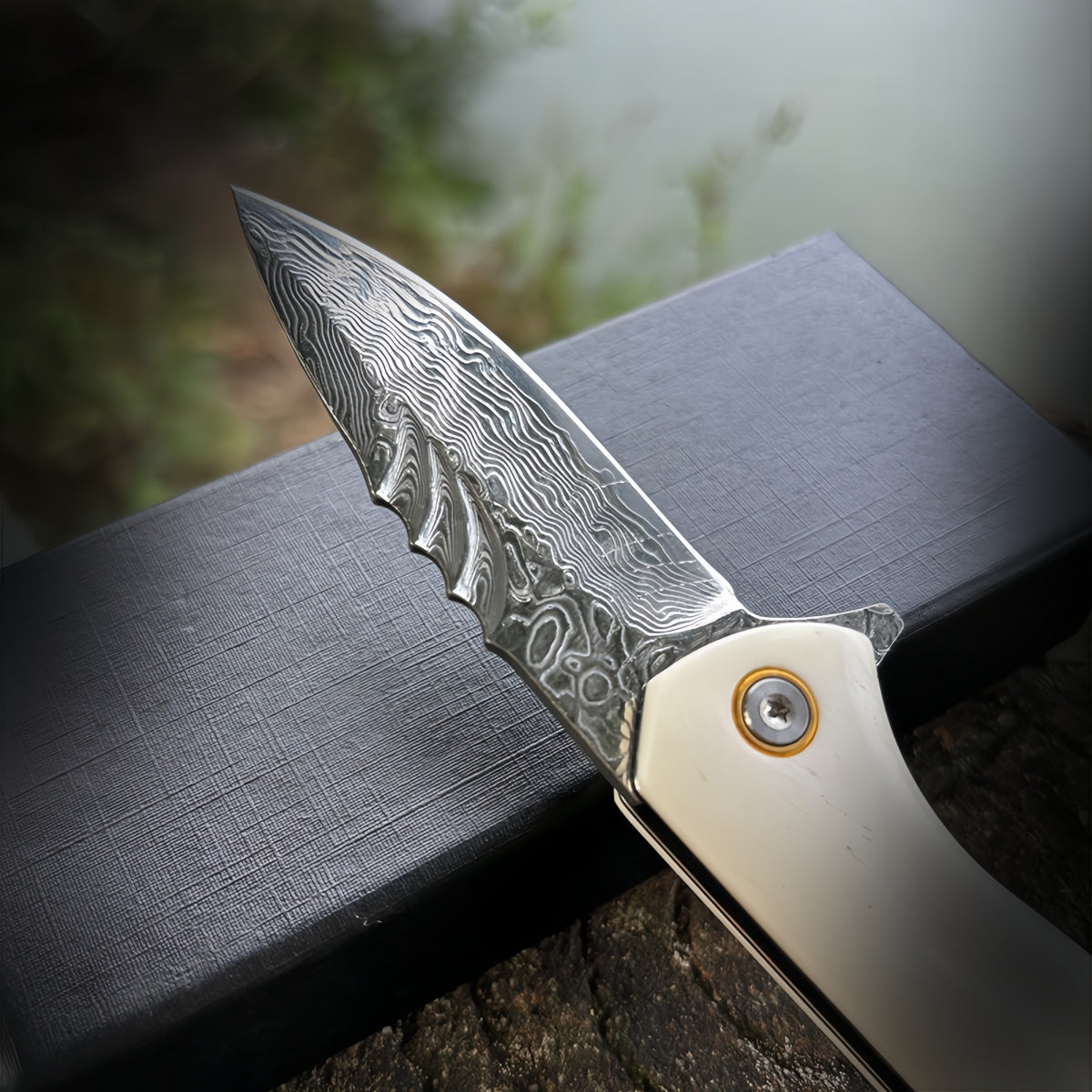 Damascus Steel Folding Knife Ivory Handle & Decorative Lanyard EDC Outdoor Camping Hunting Survival Tool