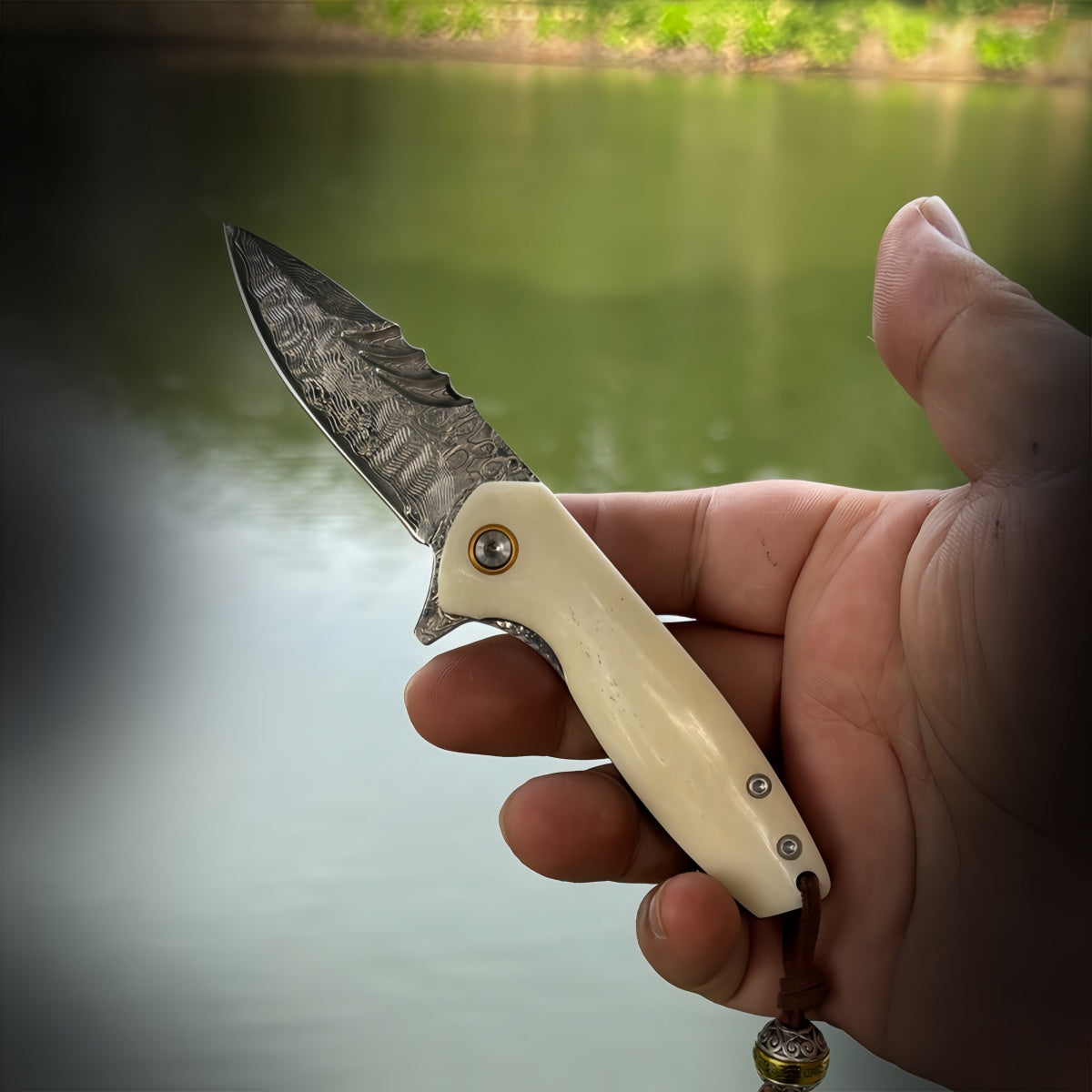 Damascus Steel Folding Knife Ivory Handle & Decorative Lanyard EDC Outdoor Camping Hunting Survival Tool