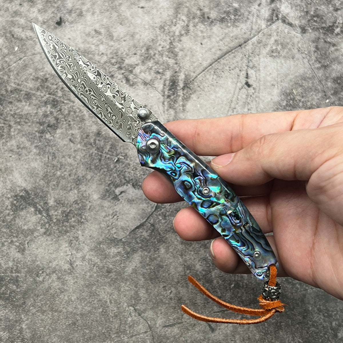 Exquisite Folding Pocket Knife with Abalone - Patterned Handle and Damascus - Style Blade