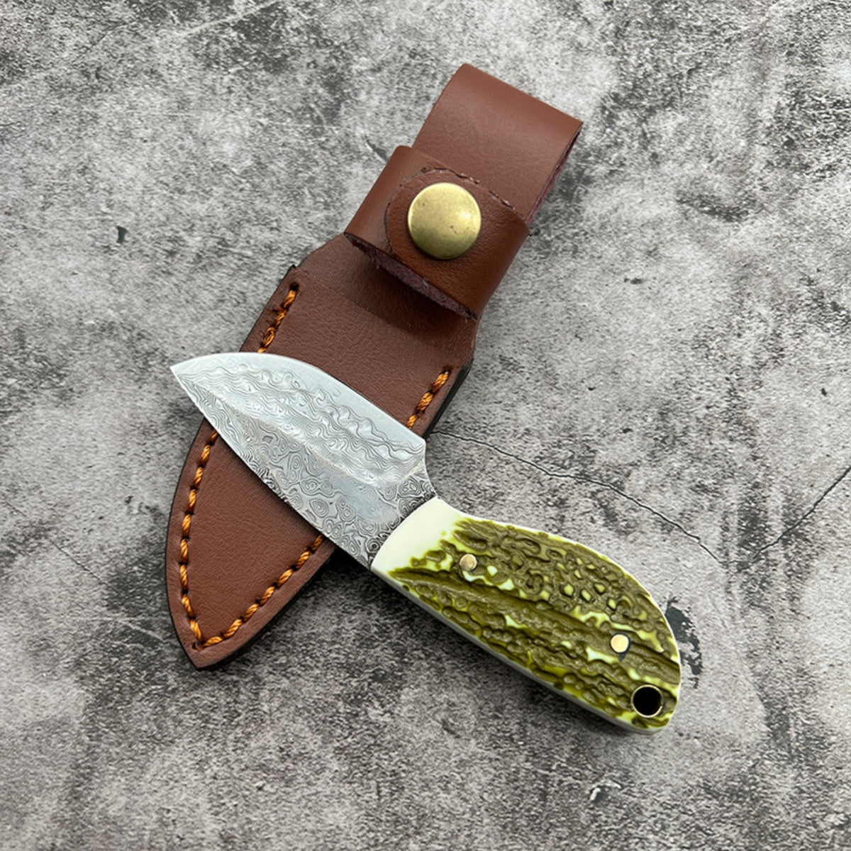 Handmade Damascus Steel Pocket Knife Resin Handle & Brown Leather Sheath Camping, Hunting, EDC