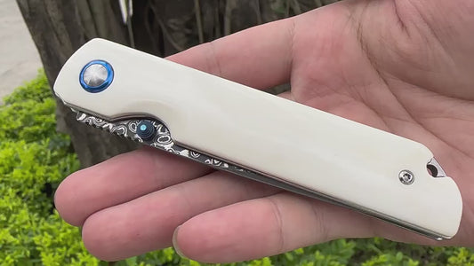 Elegant Folding Pocket Knife survival tools - Premium Damascus Steel with Ivory - like Handle