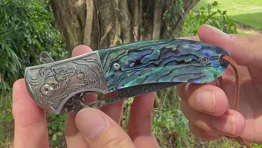 Exquisite Folding Pocket Knife survival tools- Hand - Engraved Damascus Steel with Abalone & Ebony Handles