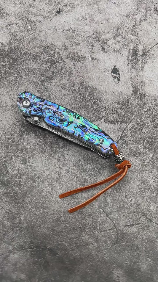Exquisite Folding Pocket Knife with Abalone - Patterned Handle and Damascus - Style Blade